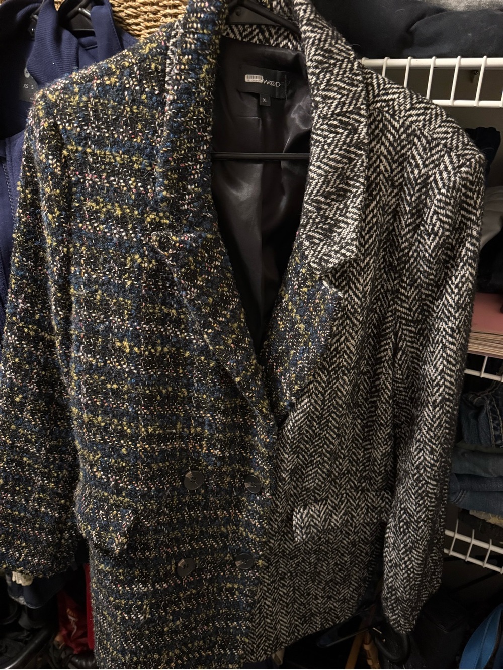 DRIFTWOOD Two-Tone Tweed and Herringbone Blazer in Navy, Black and White